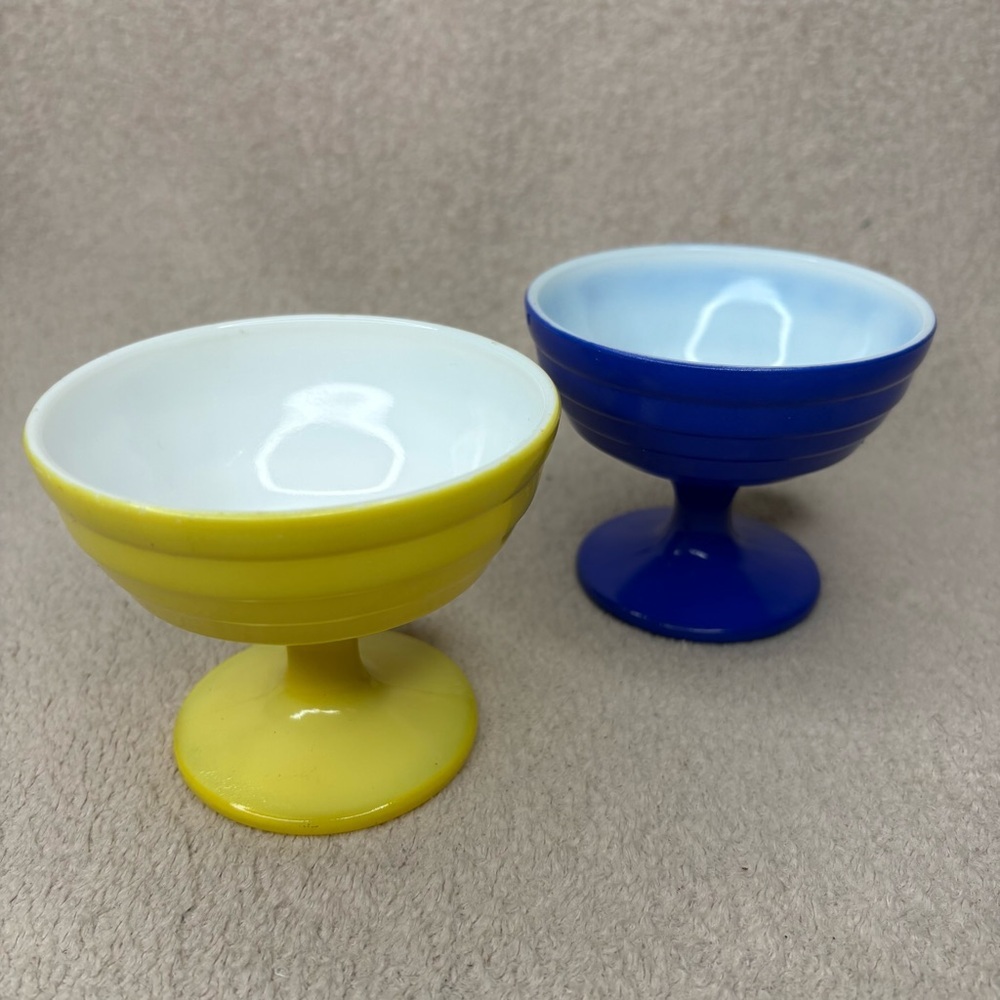 Vintage Glass Ice Cream Dessert Cups Blue & Yellow Set of 2 Pair VTG MCM Retro - Picture 2 of 9